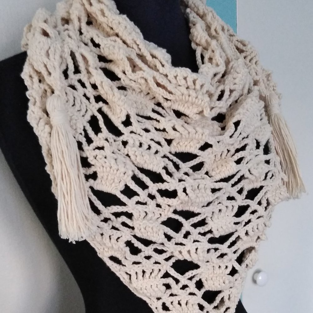 Handmade Crochet Crème Ivory Scarf w/Tassels - Picture 6 of 7